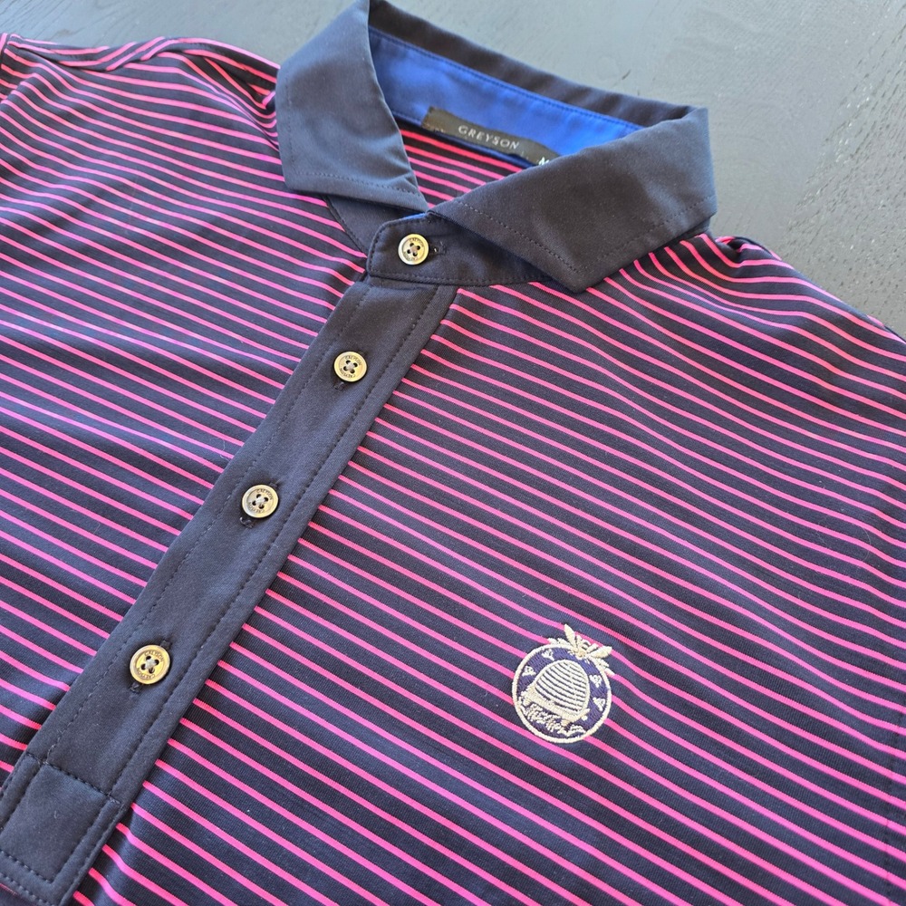 Greyson Mens Striped Golf Polo Shirt Navy Pink The Country‎ Club Beehive Size M